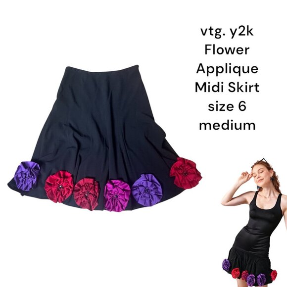 VTG. Y2K SUNNY LEIGH BLACK FLOWER APPLIQUE 3D MIDI SKIRT SZ. 6 MEDIUM - Picture 4 of 6